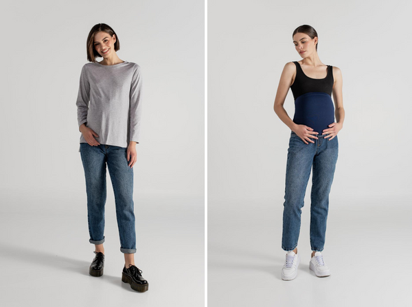 JEAN MOM AZUL + TINA T-SHIRT GRIS